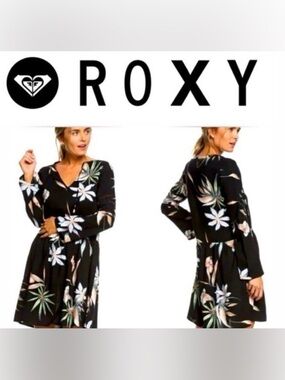 🌺Roxy “Lombok Waterfall” Black Floral Long-Sleeve Skater Dress - Small/Petite